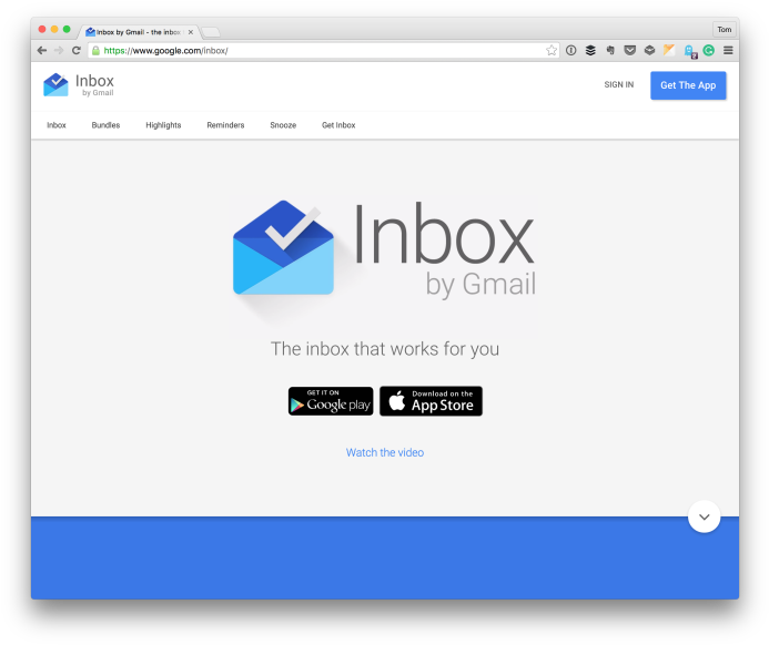 Inbox by Gmail 應用程式下載頁面，帶有藍色標誌和商店按鈕。 — Chromebook 壁紙