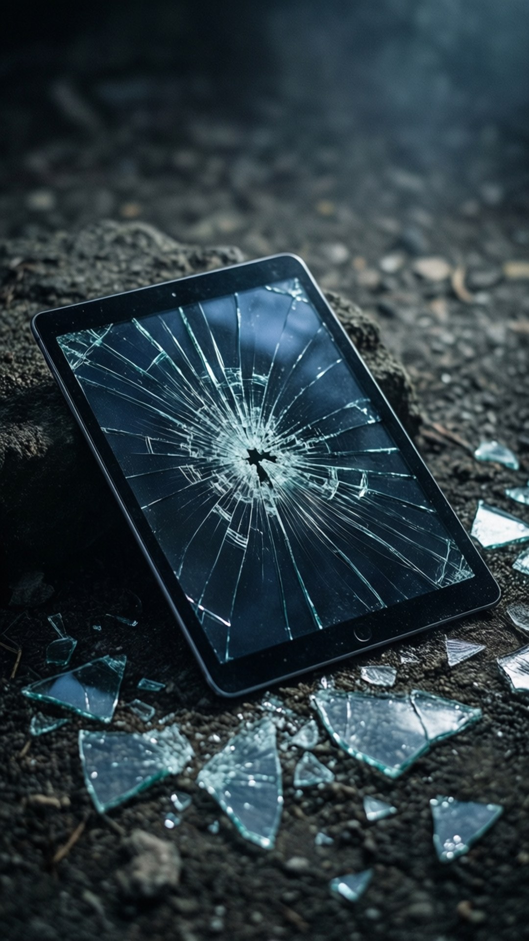 Broken Screen Tragedy 壁紙 — 一塊碎裂的平板電腦，玻璃破裂，躺在深色泥土上，周圍散落著玻璃碎片。