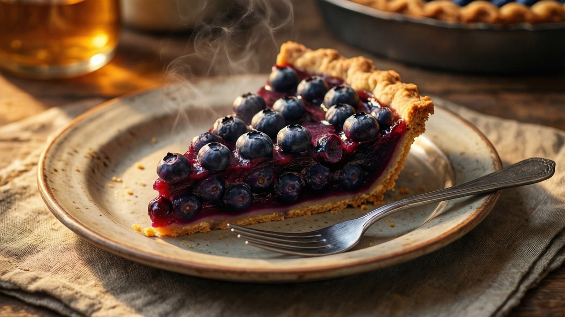 Blueberry Pie Slice 壁紙 — 一塊冒著熱氣的藍莓派，閃亮的莓果放在鄉村風格的盤子上，旁邊有叉子和一杯琥珀色液體。