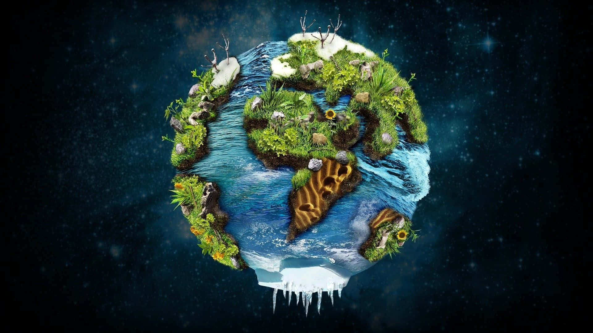  壁紙 — 一個漂浮的地球儀，擁有茂密的綠色大陸、冰蓋和流動的藍色河流，背景是星空宇宙。