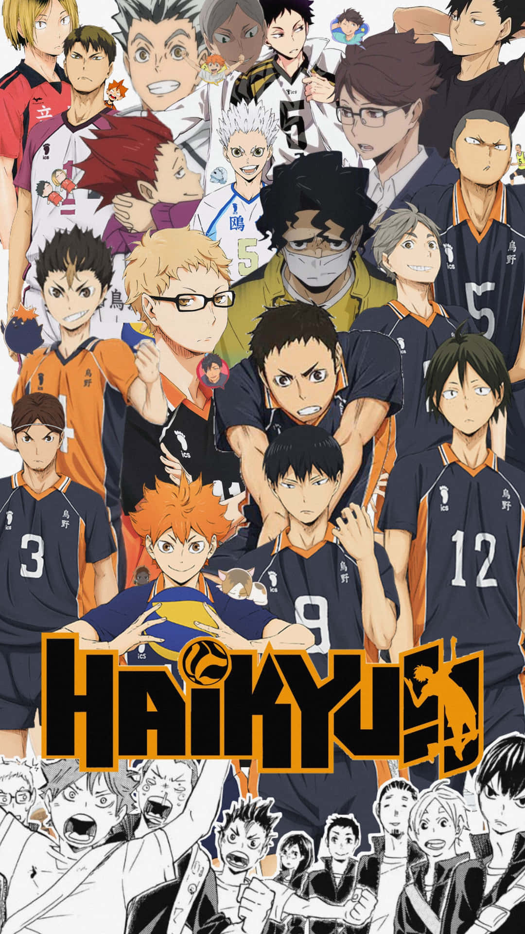  壁紙 — 一張充滿活力的 Haikyuu!! 排球運動員動漫拼貼畫，展現動態姿勢和團隊制服。