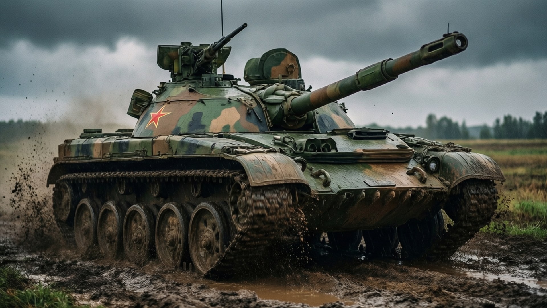 BMP-1 桌布 壁紙 — 一輛帶有紅星的迷彩軍用坦克在暴風雨灰天下濺起泥濘地形。