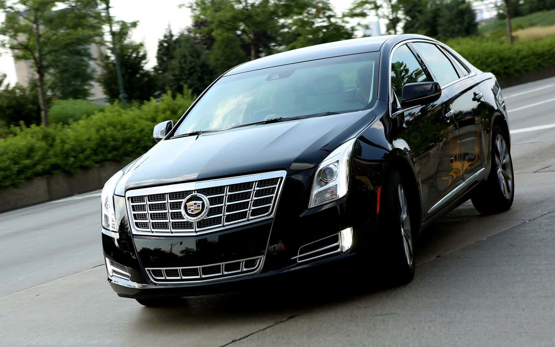 Cadillac Xts 桌布 壁紙 — 一輛時尚的黑色凱迪拉克轎車在柔和的日光下，平穩地行駛在一條綠樹成蔭的城市道路上。