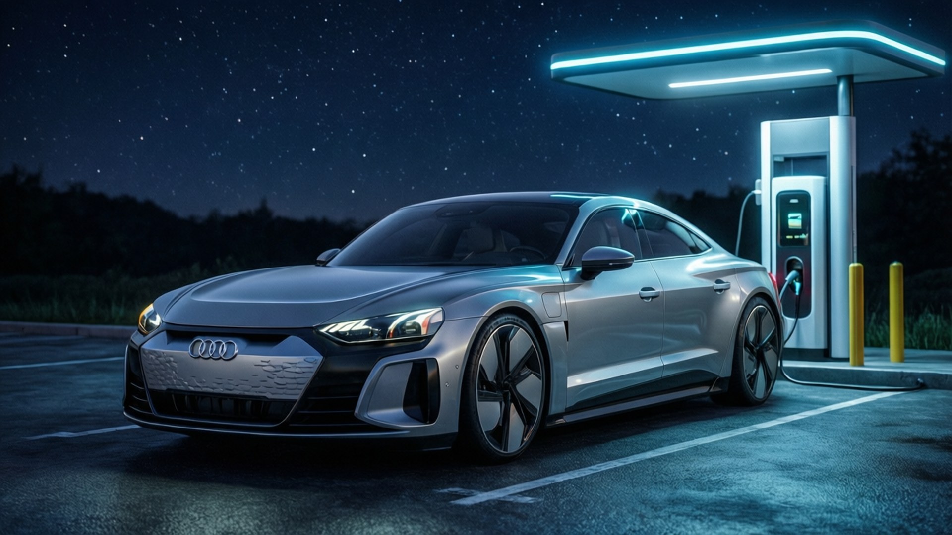Audi E-tron Charging Night 壁紙 — 一輛時尚的銀色Audi e-tron轎車在星空下閃爍的藍色電動充電站充電。
