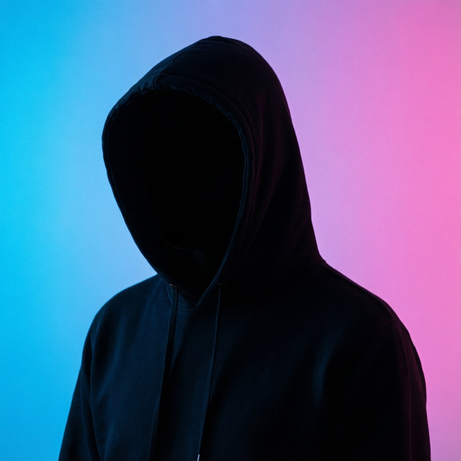 Cool Profile 桌布 壁紙 — 一個陰暗的連帽身影站在充滿活力的藍色和粉紅色霓虹燈漸變前。