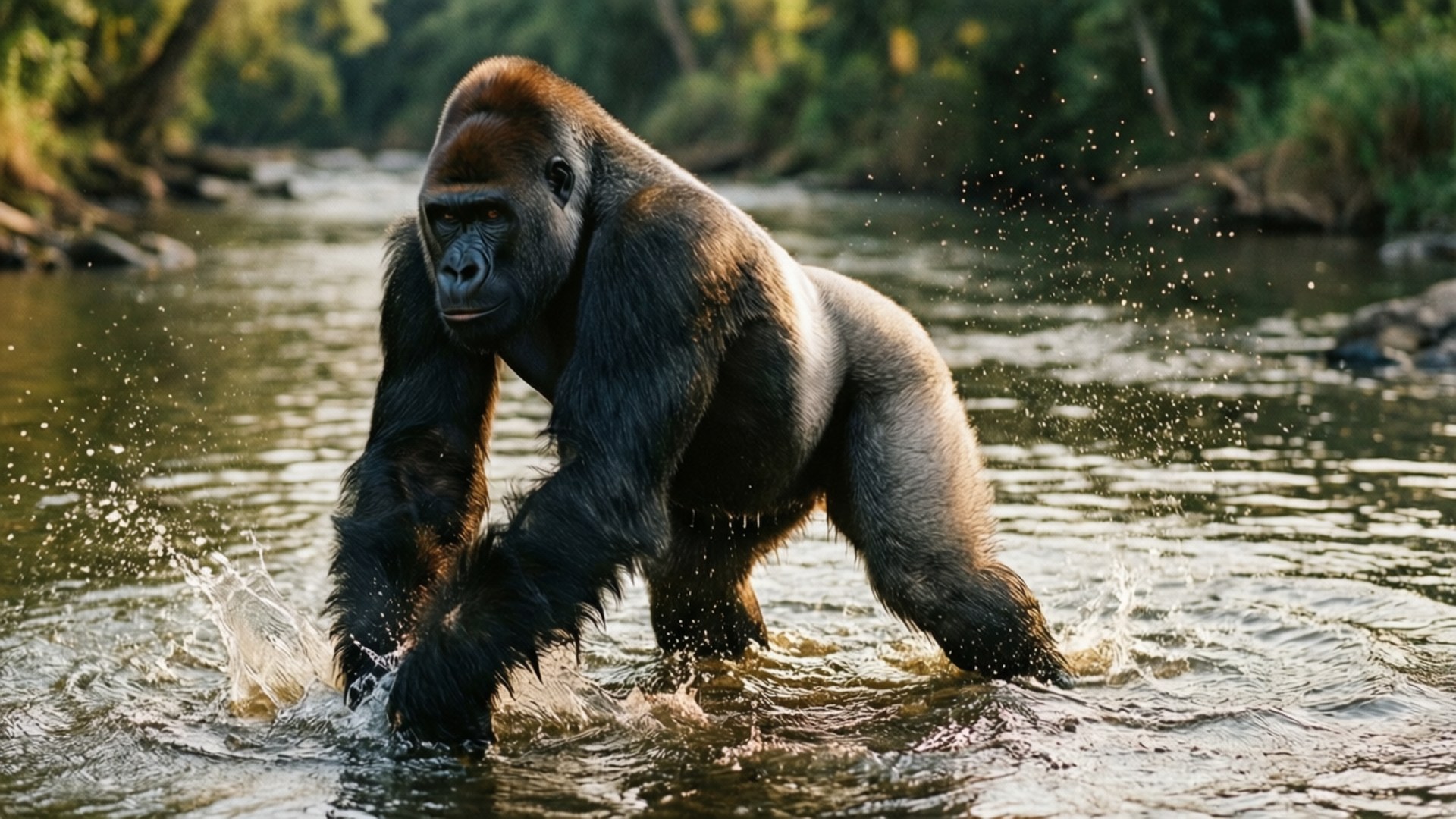 River Crossing Gorilla 壁紙 — 一隻銀背大猩猩在陽光照耀的河流中強而有力地行走，水花四濺。