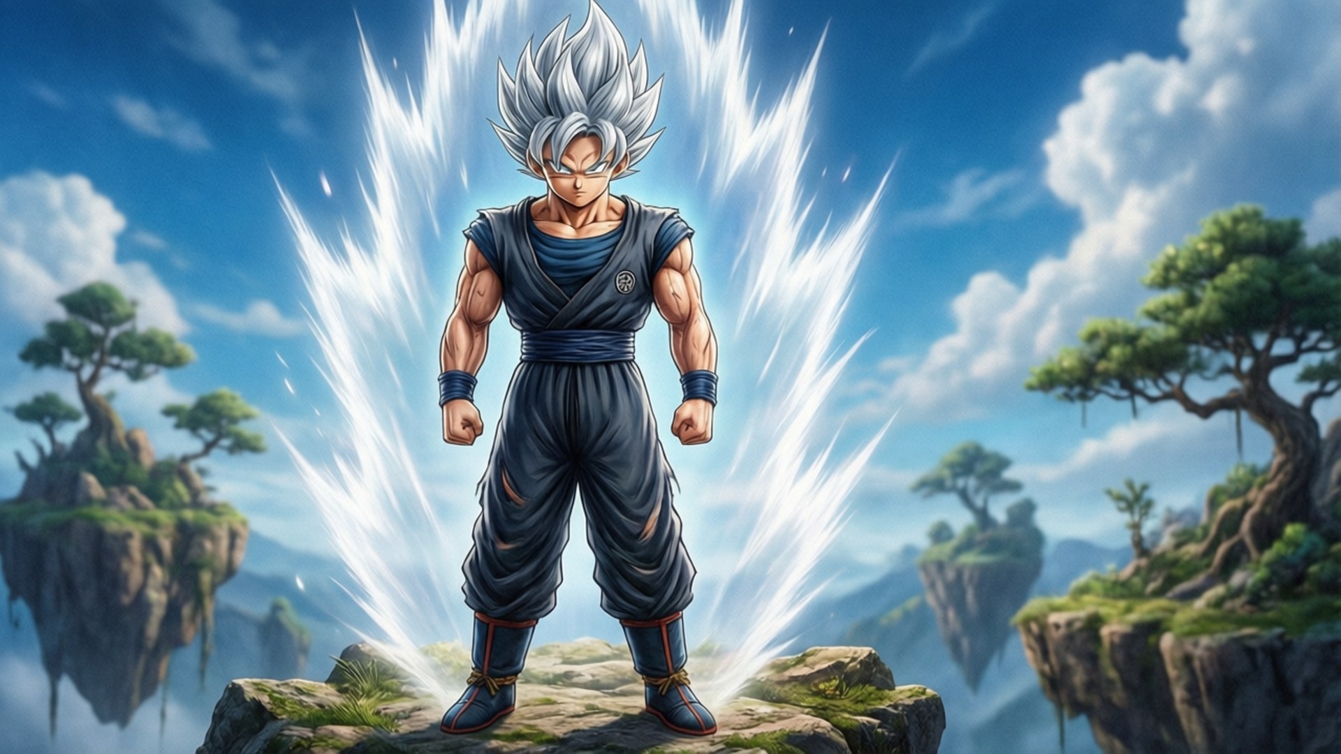 Ultra Instinct Mastery 壁紙 — 一位銀髮超級賽亞人強而有力地站在岩石懸崖上，周圍是浮空島嶼和耀眼能量光束，背景是藍天。