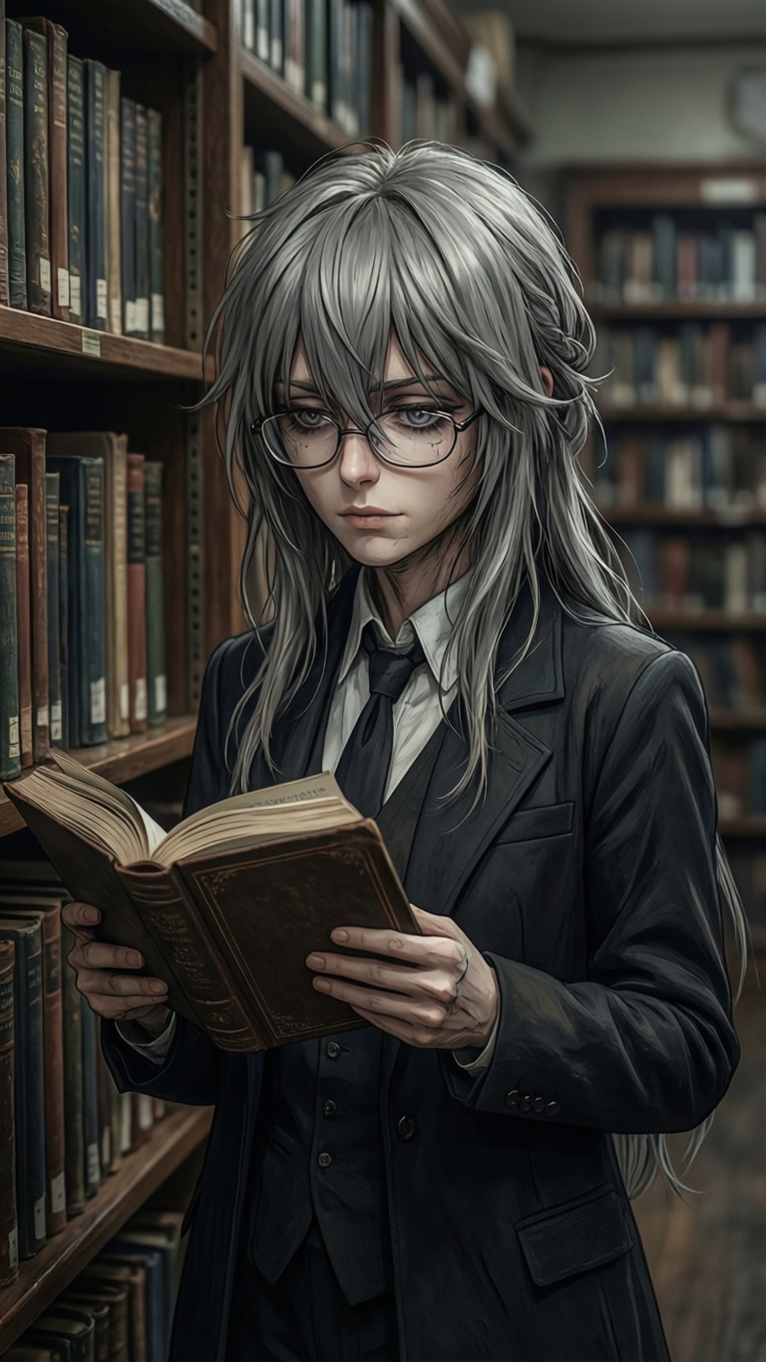 Aisha the Bookworm 壁紙 — 一位銀髮戴眼鏡的年輕人在燈光昏暗的圖書館裡，被高聳的書架包圍，專注地閱讀一本舊書。