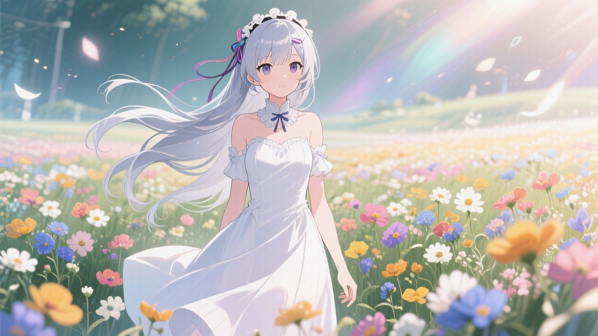 Emilia in Flower Field 壁紙 — 一位銀髮動漫女孩身穿白色連衣裙，優雅地站在陽光明媚、開滿彩色野花的田野中，伴隨著柔和的彩虹光線。