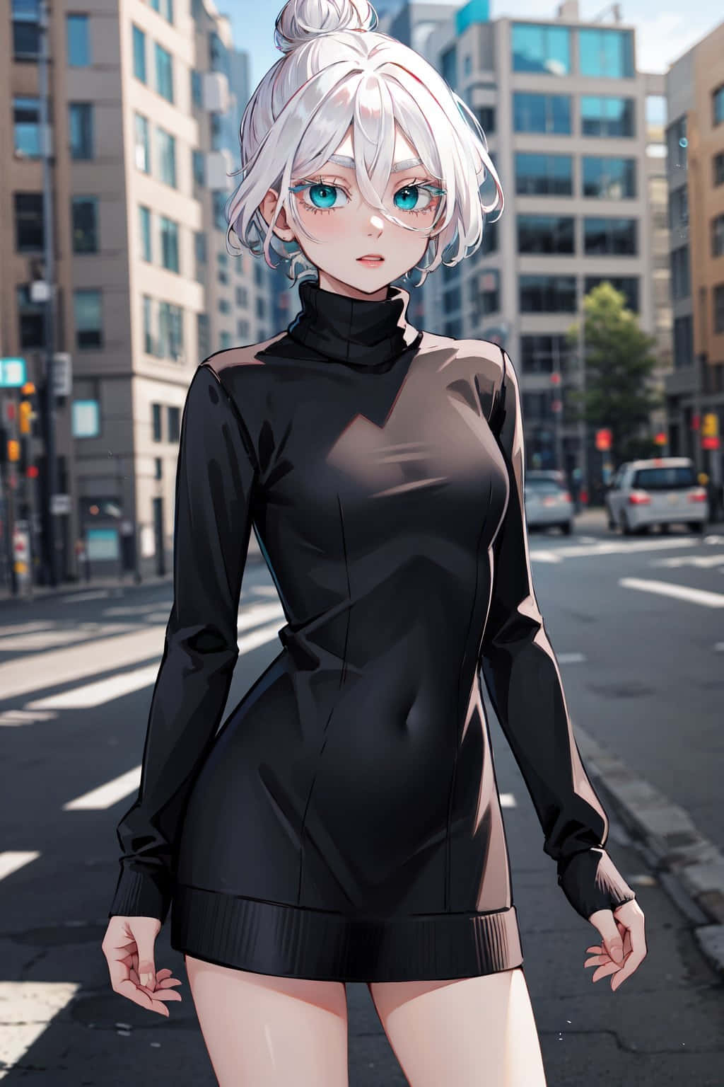  壁紙 — 一位銀髮動漫女孩穿著黑色連衣裙，站在陽光普照的城市街道上，身後是高樓大廈。