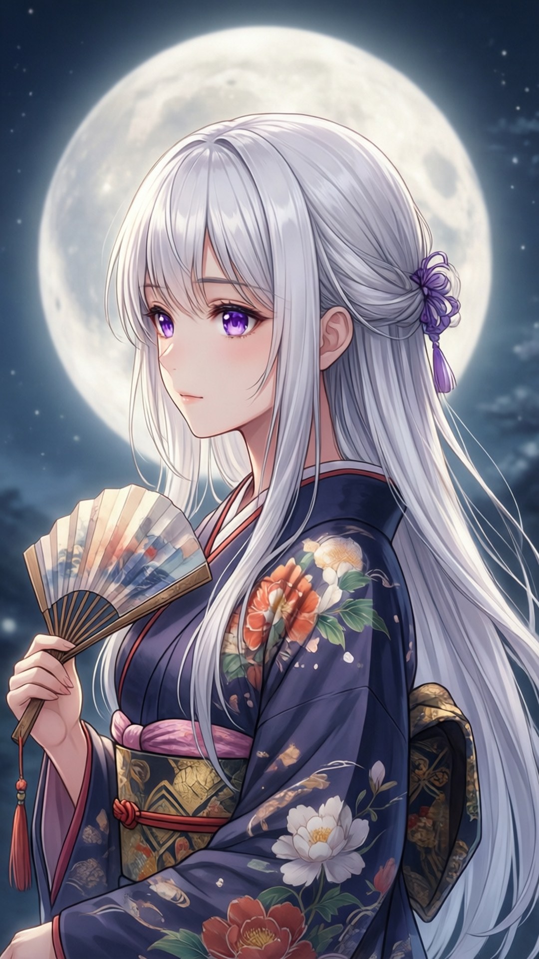 White Hair Moon 壁紙 — 一位銀髮動漫女孩穿著花卉和服，在明亮的滿月下拿著扇子。