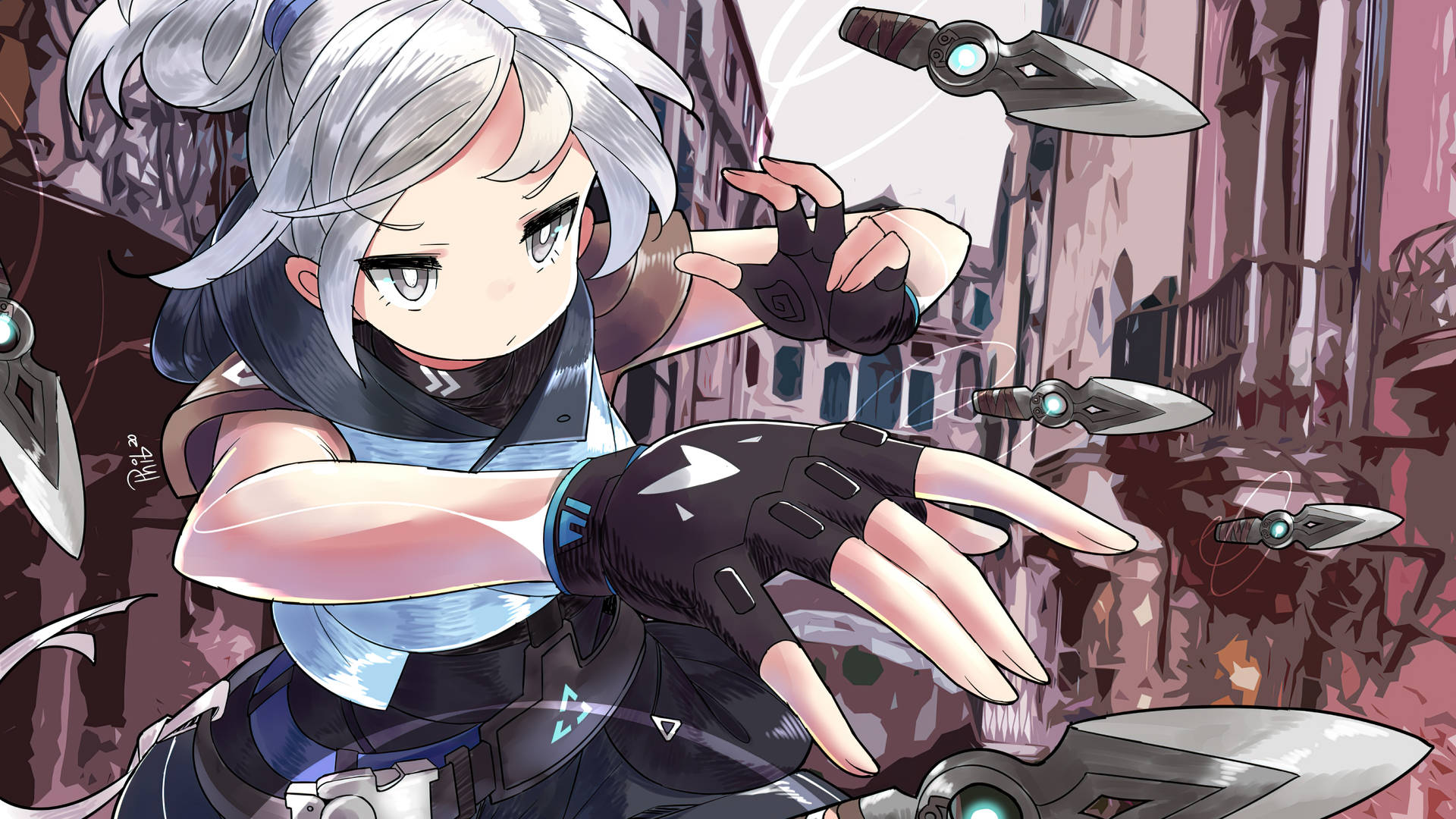銀髮動漫女孩在塗鴉小巷中投擲發光的刀。 — Valorant 4K 壁紙 壁紙