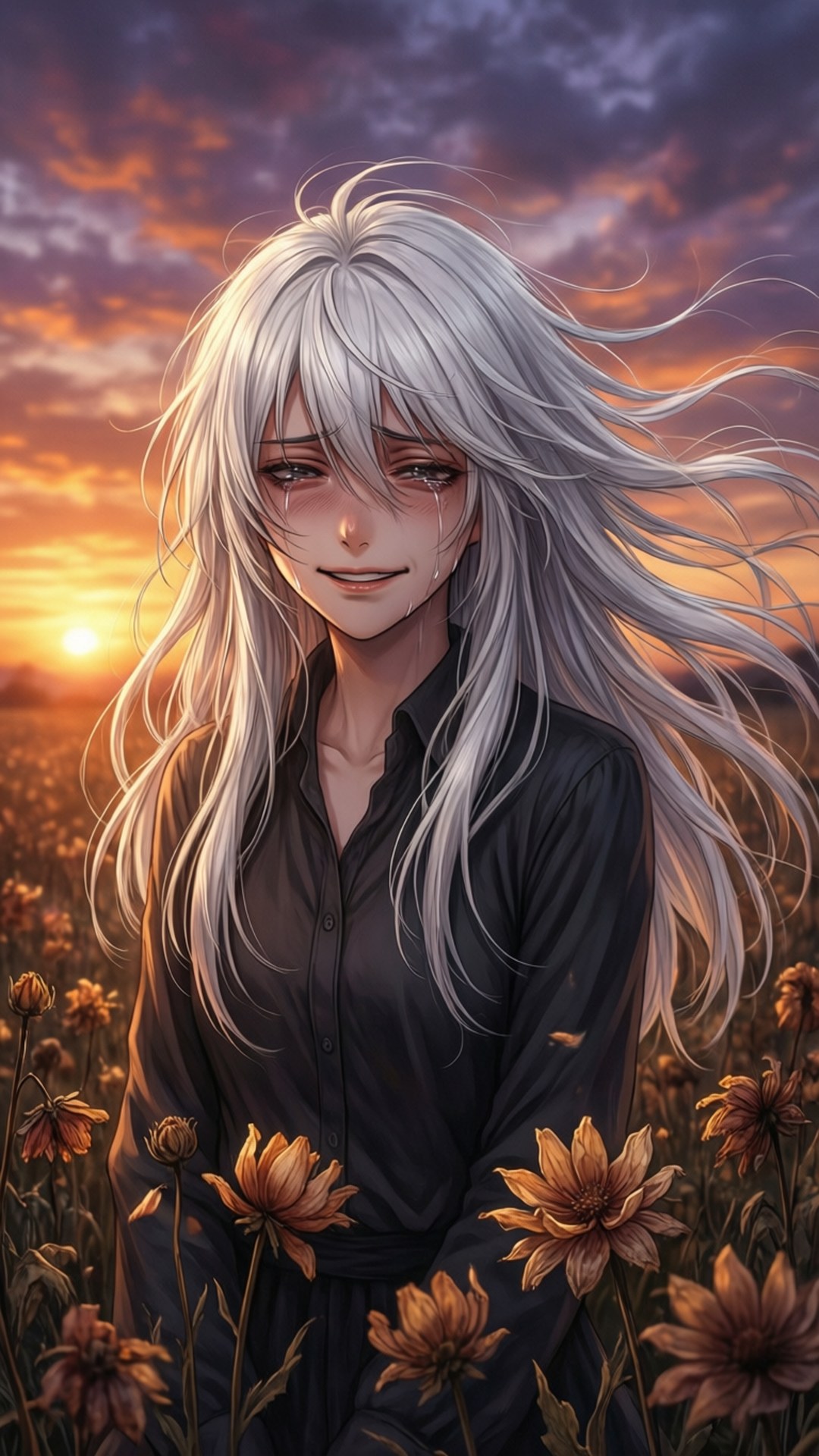 Fading Sunset 壁紙 — 一位銀髮動漫女孩帶著溫柔的微笑，站在一片橙色花田中，夕陽在她身後落下。