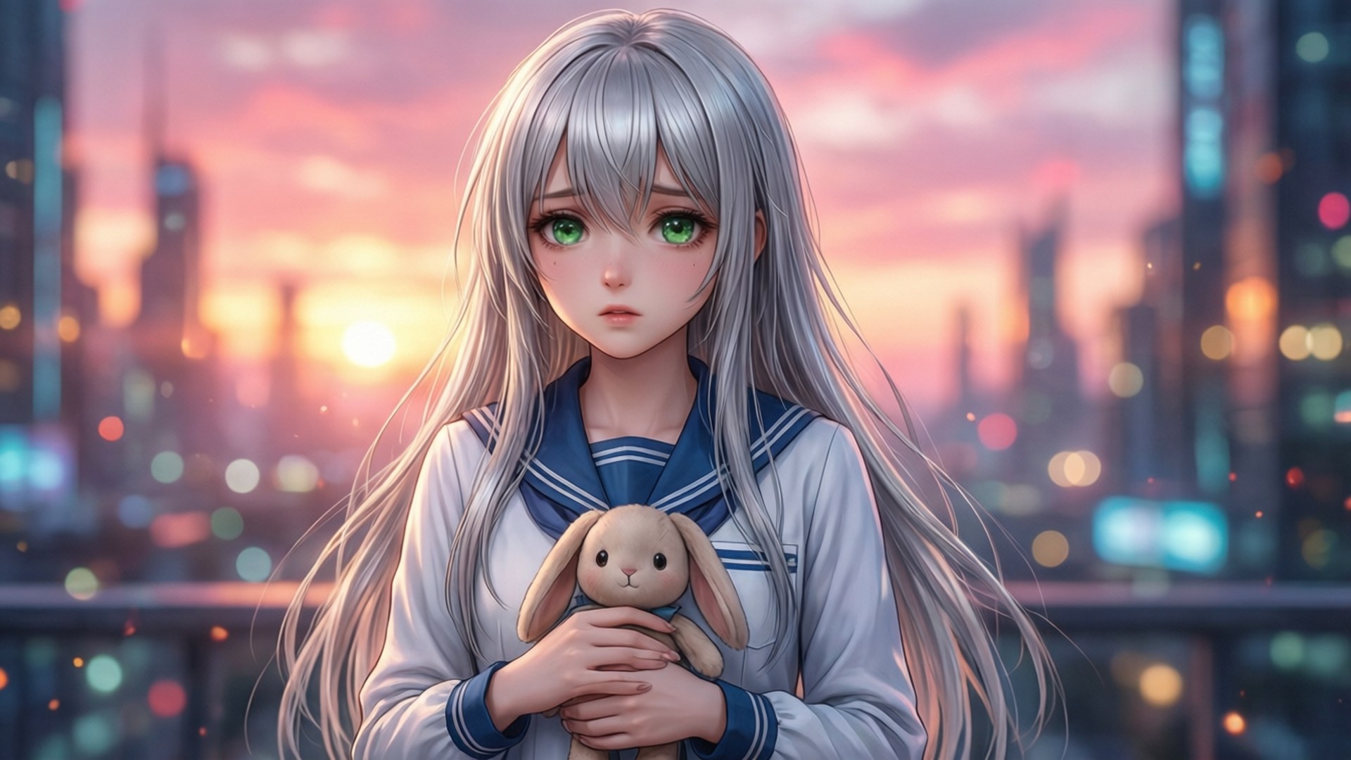 Plastic Memories 桌布 壁紙 — 一位銀髮動漫少女穿著水手服，在夕陽下閃耀的城市天際線前抱著兔子絨毛玩具。