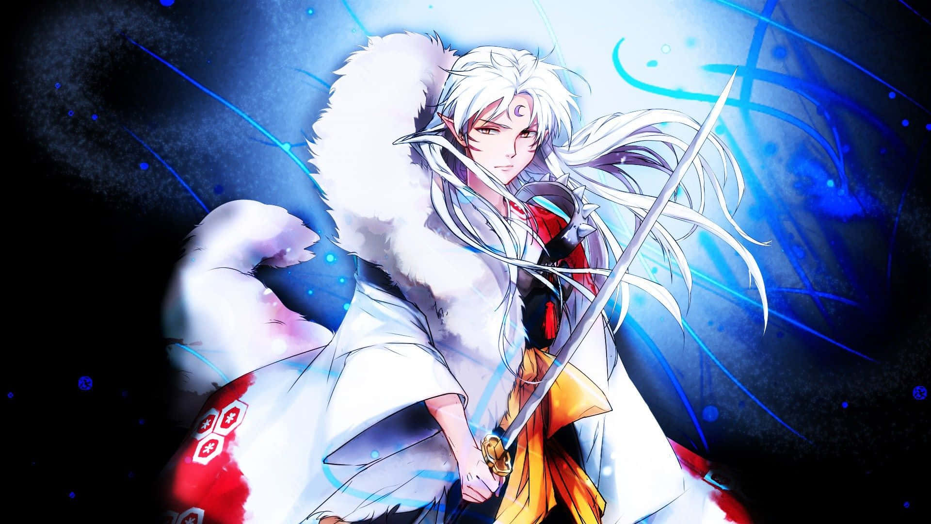 Inuyasha And Sesshomaru 桌布 壁紙 — 一位銀髮動漫戰士身穿白色毛邊長袍，在宇宙藍色能量背景下揮舞著發光的劍。