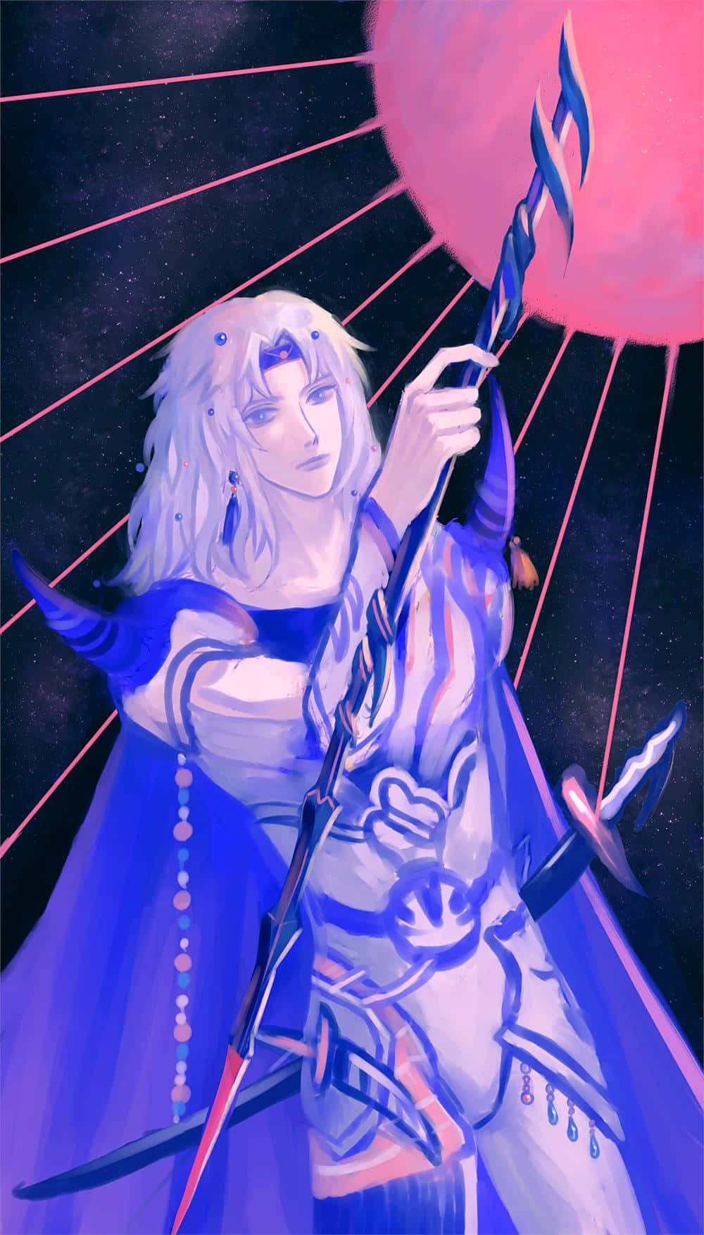  壁紙 — 一位銀髮動漫戰士身穿藍色盔甲，在繁星點點的夜空下，手持發光法杖，背景是粉紅色的月亮。
