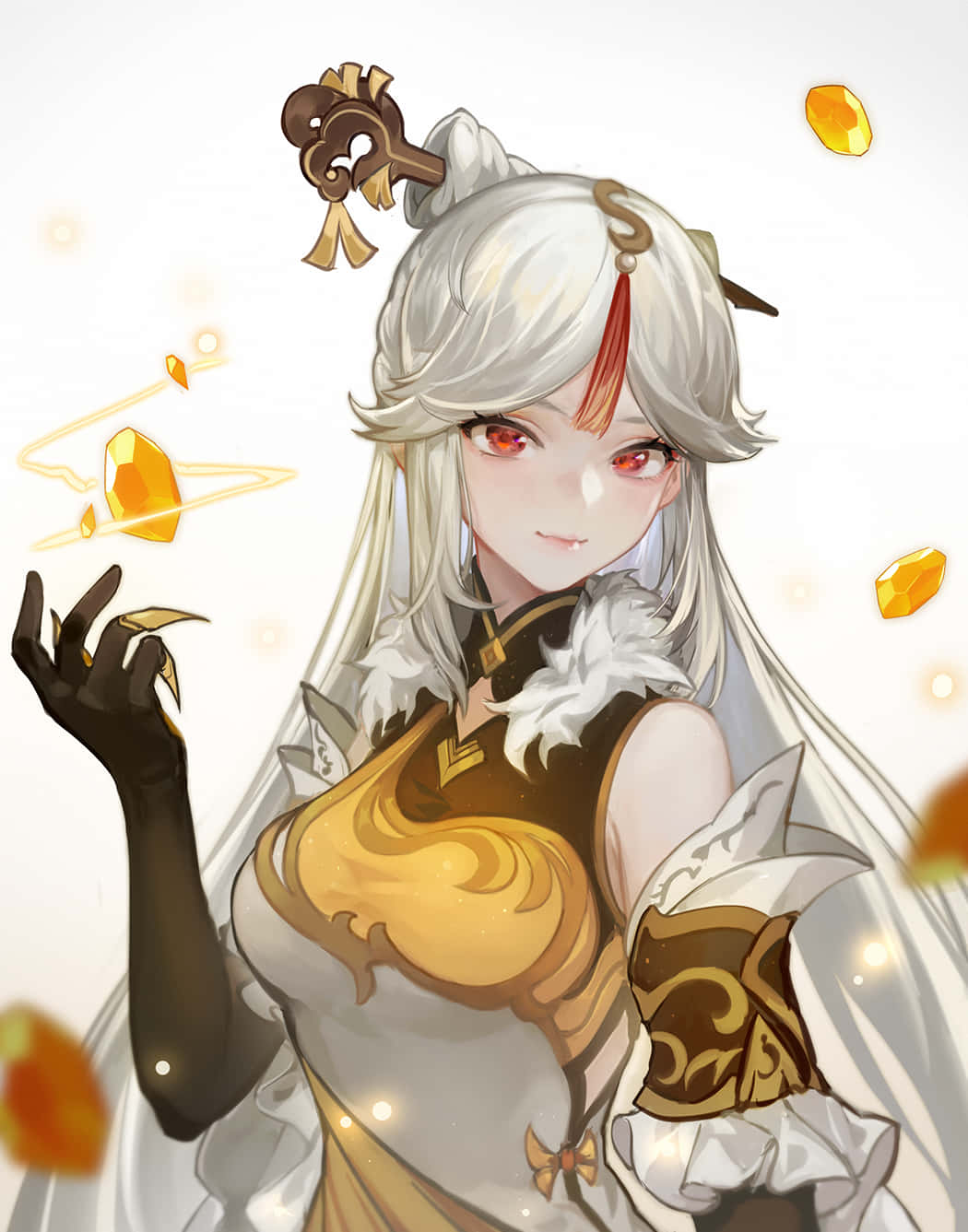 Genshin Impact Ningguang 桌布 壁紙 — 一位銀髮紅眼的動漫少女，身穿華麗金色盔甲，在柔和白色背景上輕輕操控漂浮的發光水晶。
