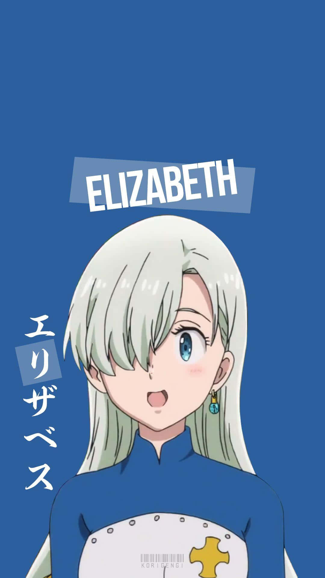 Seven Deadly Sins Elizabeth Liones 桌布 壁紙 — 銀髮藍眼的動漫女孩在純藍色背景上開心地微笑，並顯示她的名字。