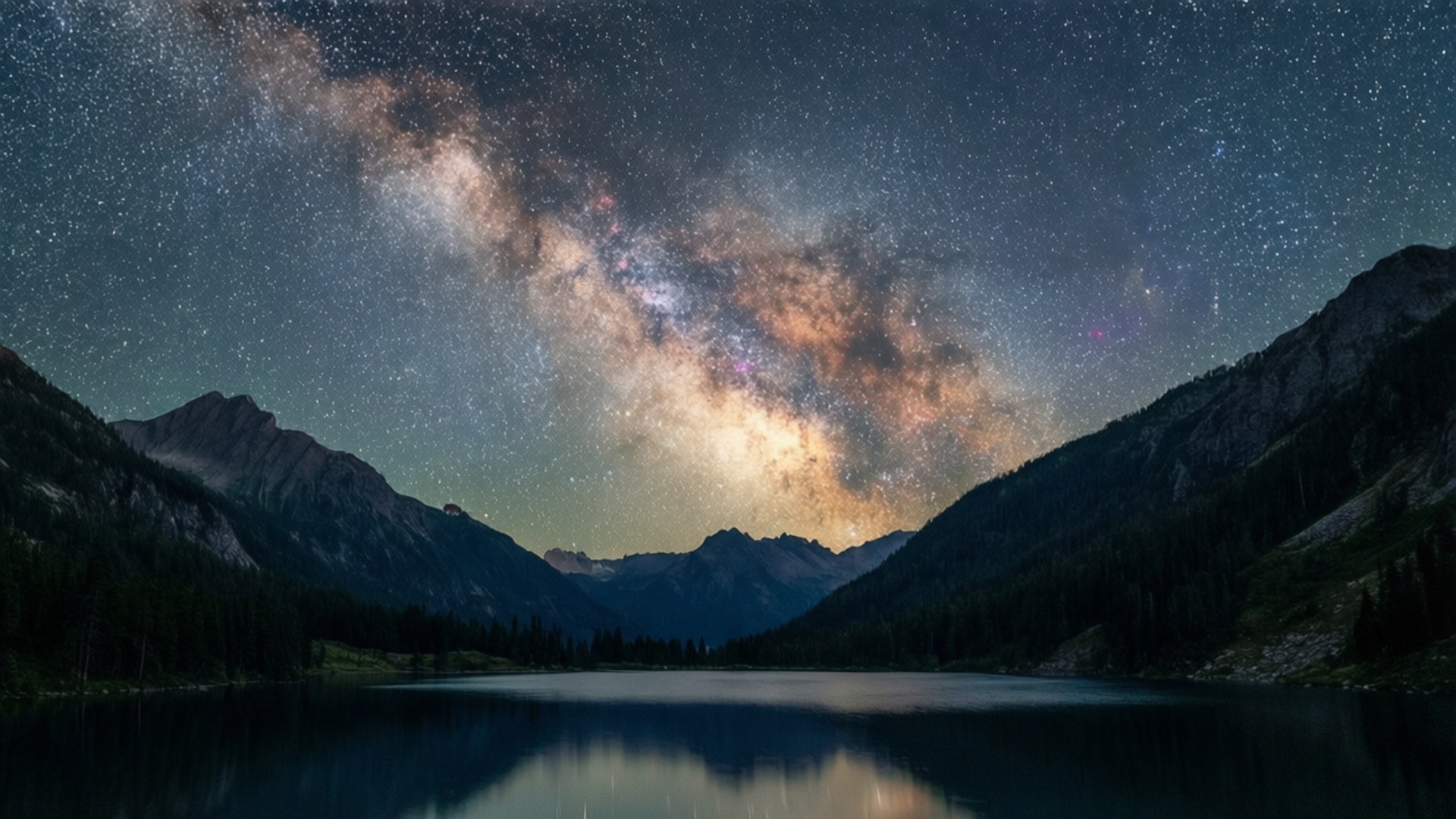 在星空下，寧靜的山湖中反射的銀河系 — 1440P 壁紙