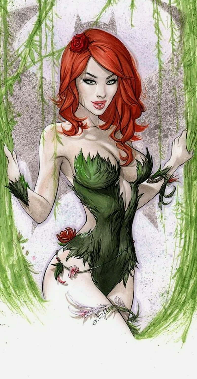  壁紙 — 一位引人注目的動漫風格女性，擁有火紅的頭髮和綠色葉子服飾，被懸掛的藤蔓和玫瑰環繞。