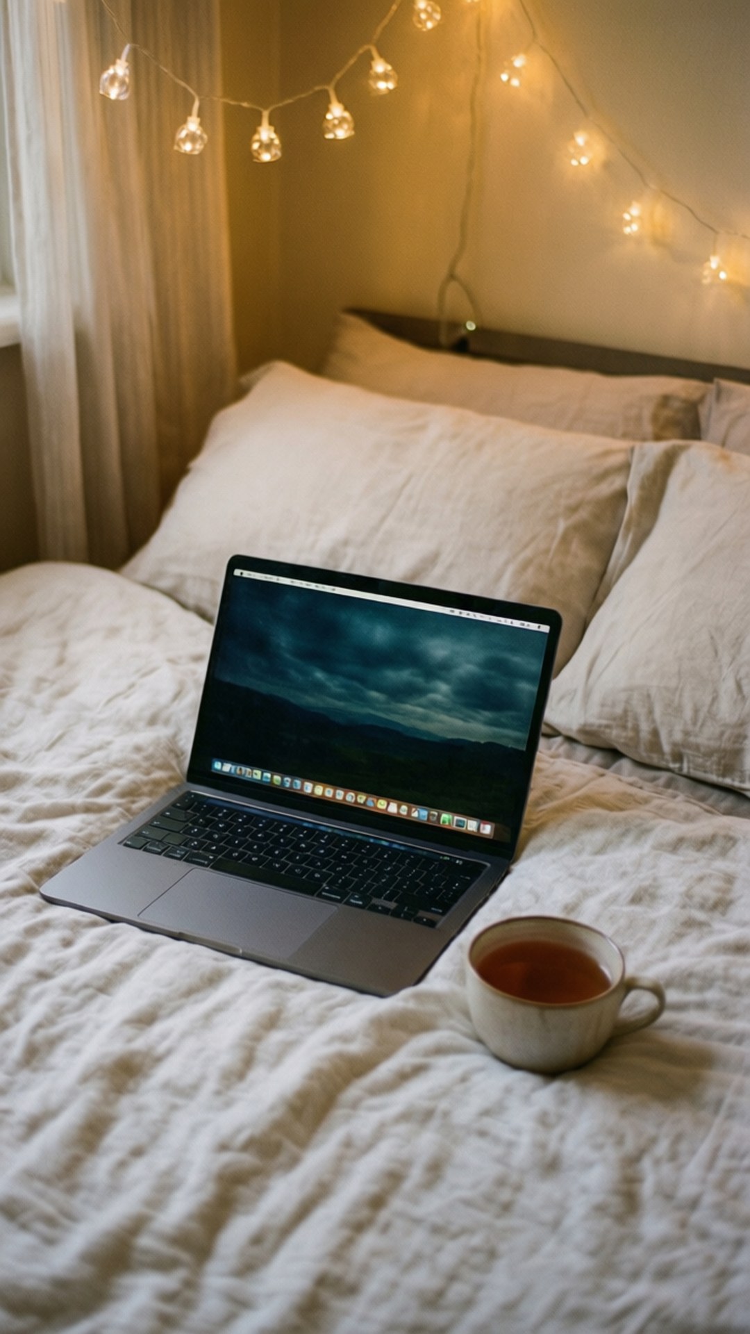 Bedside Laptop 壁紙 — 一台銀色筆記型電腦和一杯茶放在一張皺巴巴的白色床上，上方有溫暖的串燈。