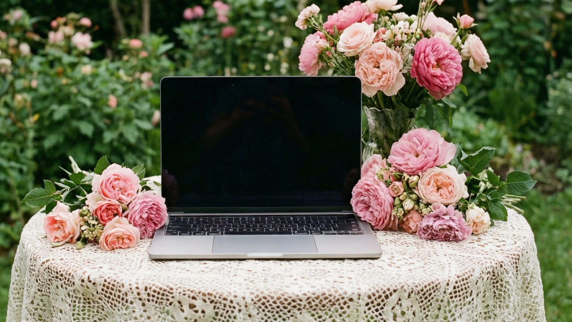 Garden Laptop Romance 壁紙 — 一部銀色筆記型電腦放在蕾絲桌布中央，周圍環繞著茂盛的粉紅玫瑰，在花園環境中。