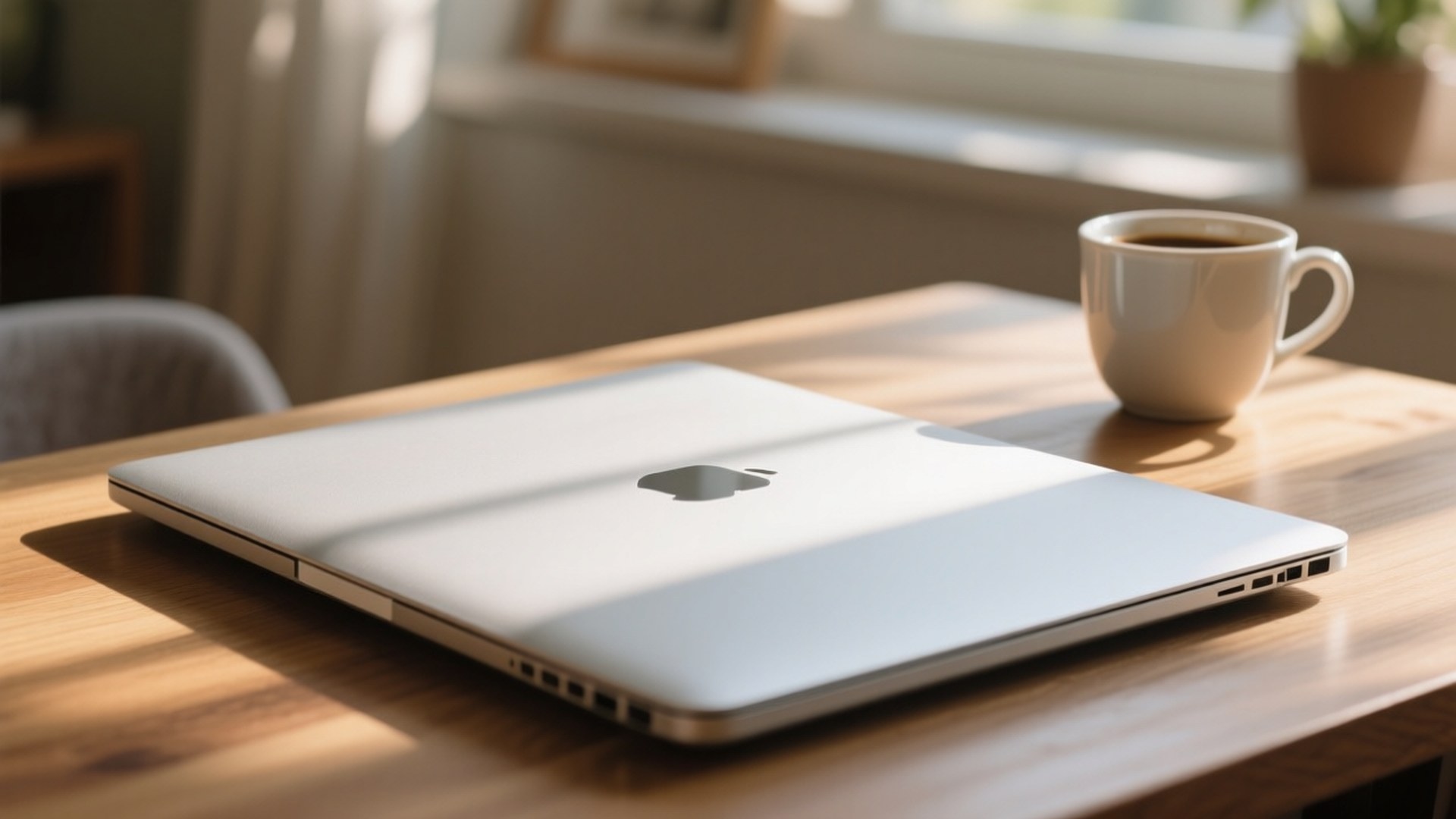 Morning Laptop Coffee 壁紙 — 一台銀色筆記型電腦放在窗邊陽光照射的木桌上，旁邊有一個米色咖啡杯。