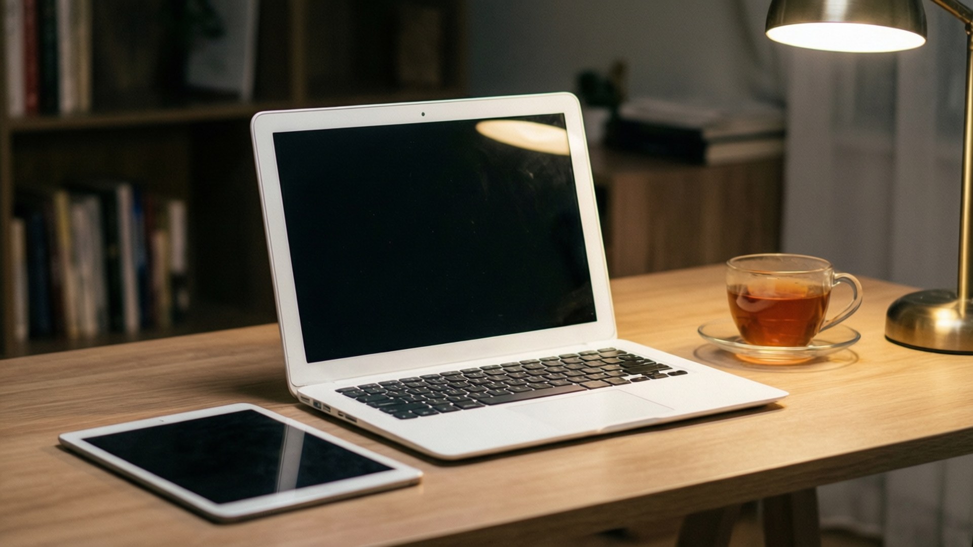 Office Desk Devices 壁紙 — 一部銀色筆記型電腦和平板電腦放在木桌上，旁邊有一盞亮著的檯燈和一杯茶。