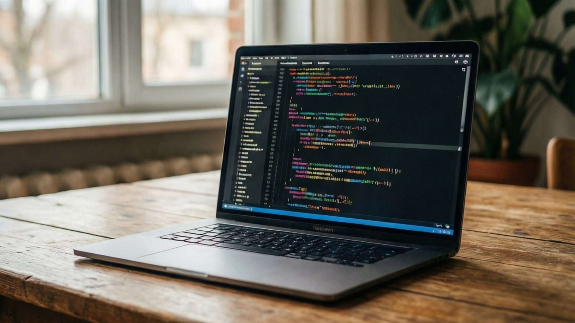 Coding in Cozy Workspace 壁紙 — 一台銀色筆記型電腦顯示彩色程式碼，放在靠近窗戶的鄉村風格木桌上，窗外有模糊的綠色植物。