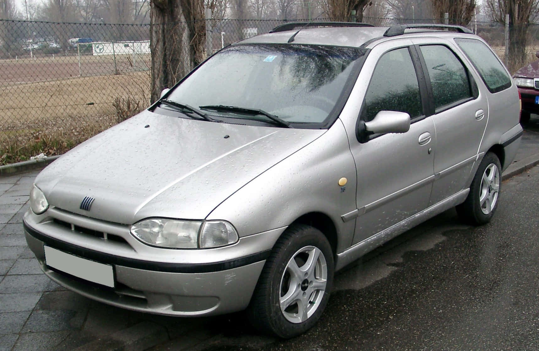 Fiat Palio 桌布 壁紙 — 一輛銀色Fiat Stilo旅行車停在濕漉漉的路面上，旁邊是鐵絲網圍欄，背景有光禿禿的樹木。