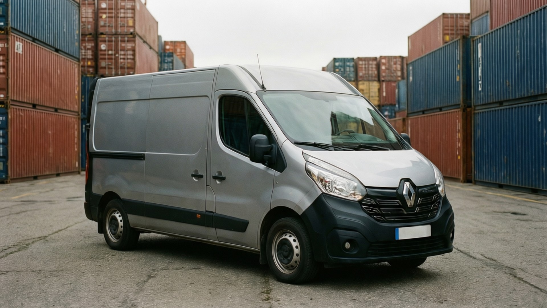 Port Workhorse 壁紙 — 一輛銀色雷諾貨車停在裂開的柏油路上，背景是堆疊的貨運貨櫃，天空多雲。