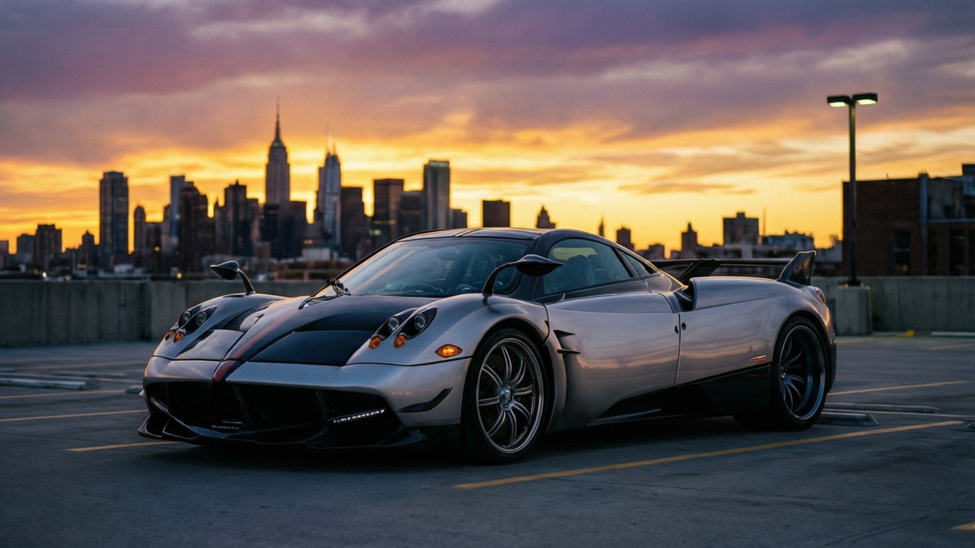 Twilight Huayra 壁紙 — 一輛銀色帕加尼Huayra跑車停在天台上，背景是金色的日落和紐約市天際線。
