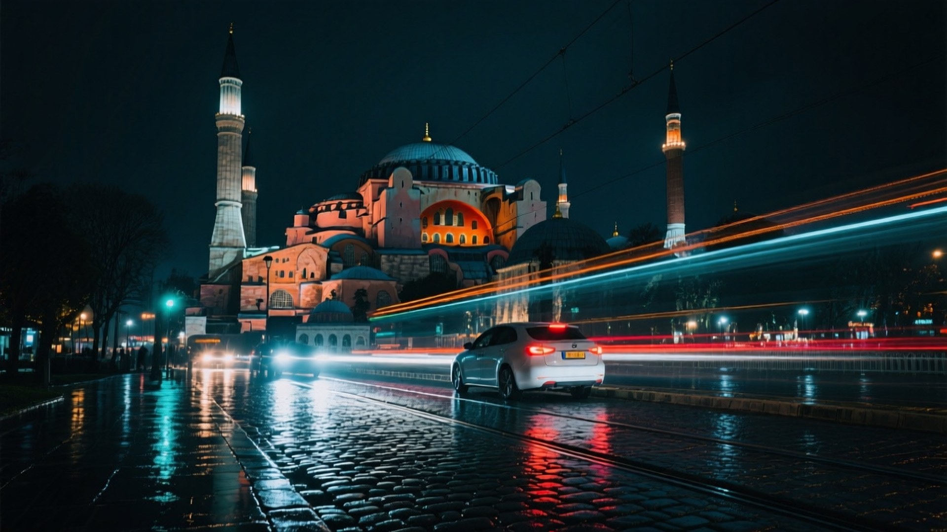 Hagia Sophia Neon Nights 壁紙 — 一輛銀色汽車在夜間駛過燈火通明的聖索菲亞大教堂，濕漉漉的鵝卵石上反射著車流的燈光。