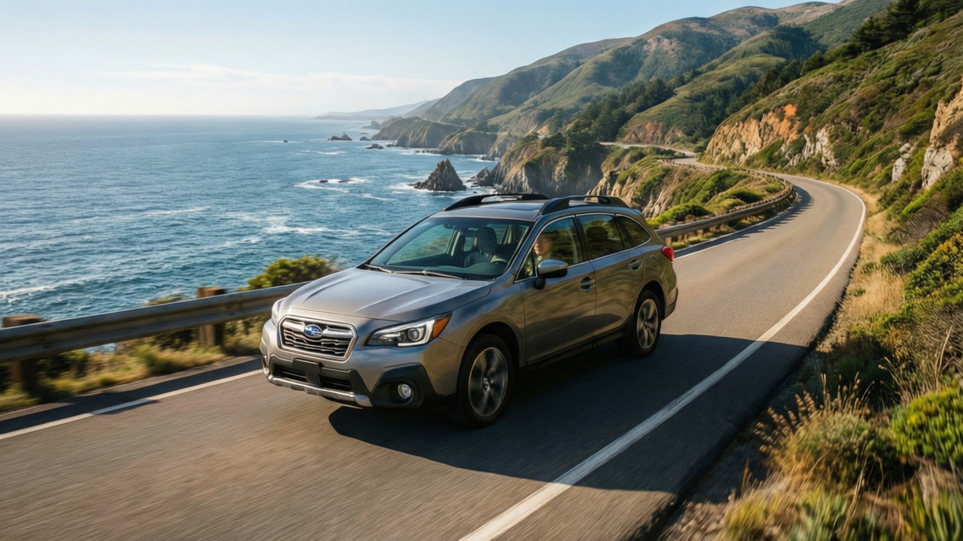Subaru Outback 桌布 壁紙 — 一輛銀色Subaru SUV沿著蜿蜒的海岸公路行駛，兩旁是崎嶇的懸崖，下方是碧綠的海浪拍打。