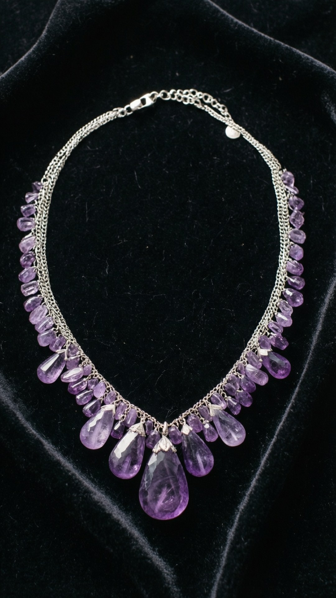 Elegant Amethyst Necklace 壁紙 — 一條銀色項鍊，帶有紫色紫水晶淚滴和珠子，放在黑色天鵝絨上。