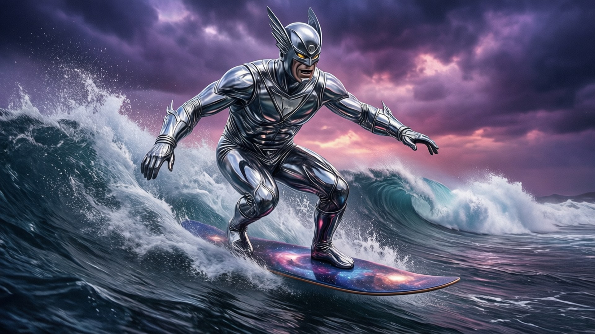 Surfer's Eternal Voyage 壁紙 — 一位銀色裝甲的超級英雄在暴風雨紫色和粉紅色的天空下衝浪巨大的海浪。