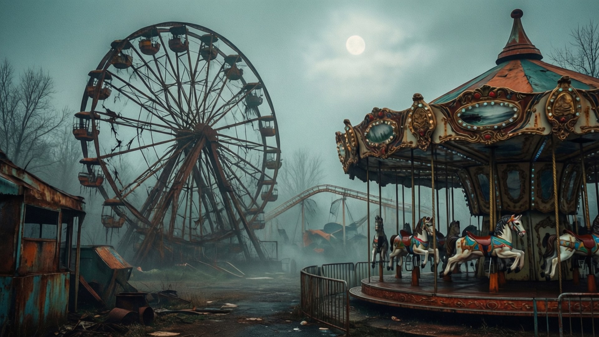 Silent Hill F 桌布 壁紙 — 一個陰森美麗的廢棄遊樂園，在霧氣瀰漫的月光下，有一個生鏽的摩天輪和華麗的旋轉木馬。