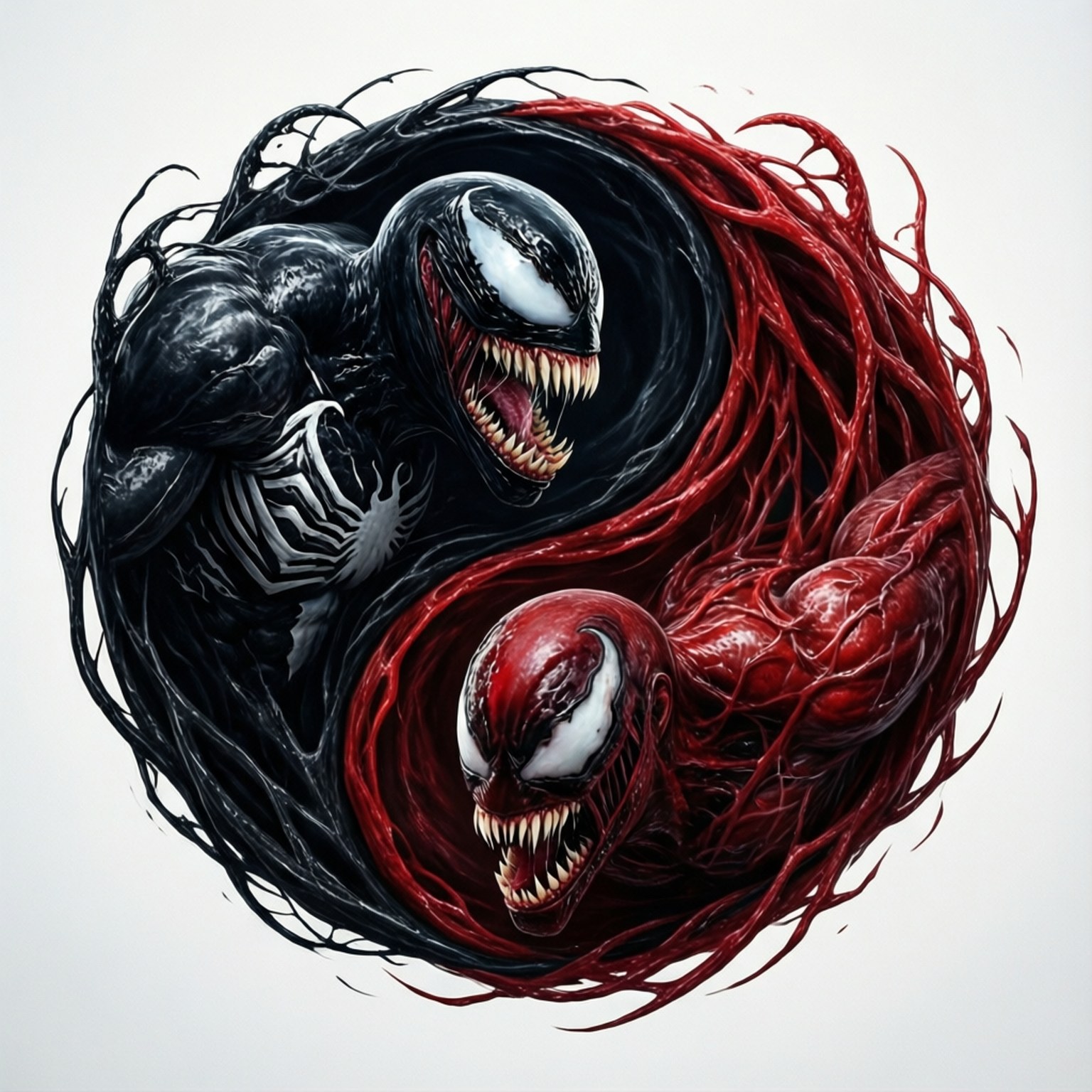 Yin-Yang Symbiotes 壁紙 — 一個由兩個咆哮的共生體，黑色毒液和紅色屠殺，在純白色背景上永恆戰鬥形成的陰陽符號。