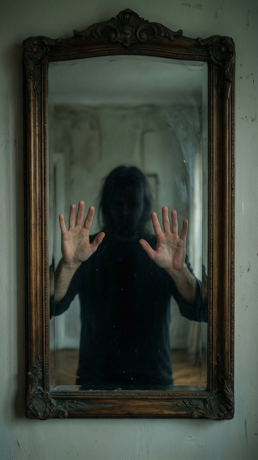 Mirror Dimension 壁紙 — 一個陰影人物將雙手按在一個佈滿灰塵的華麗古董鏡子上，鏡子反射出一個昏暗的房間。
