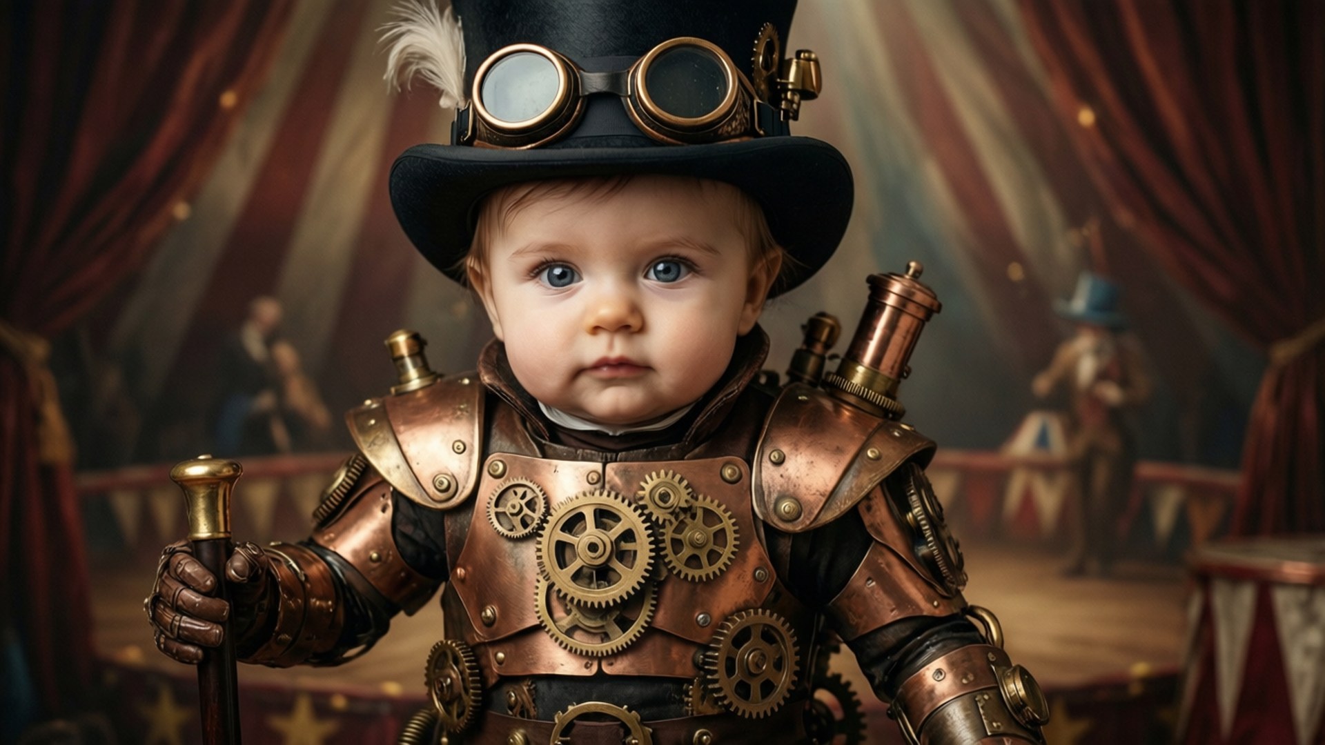 Steampunk Circus Baby 壁紙 — 一個穿著複雜銅色蒸氣龐克盔甲和護目鏡的嬰兒站在馬戲團帳篷的紅色窗簾前。