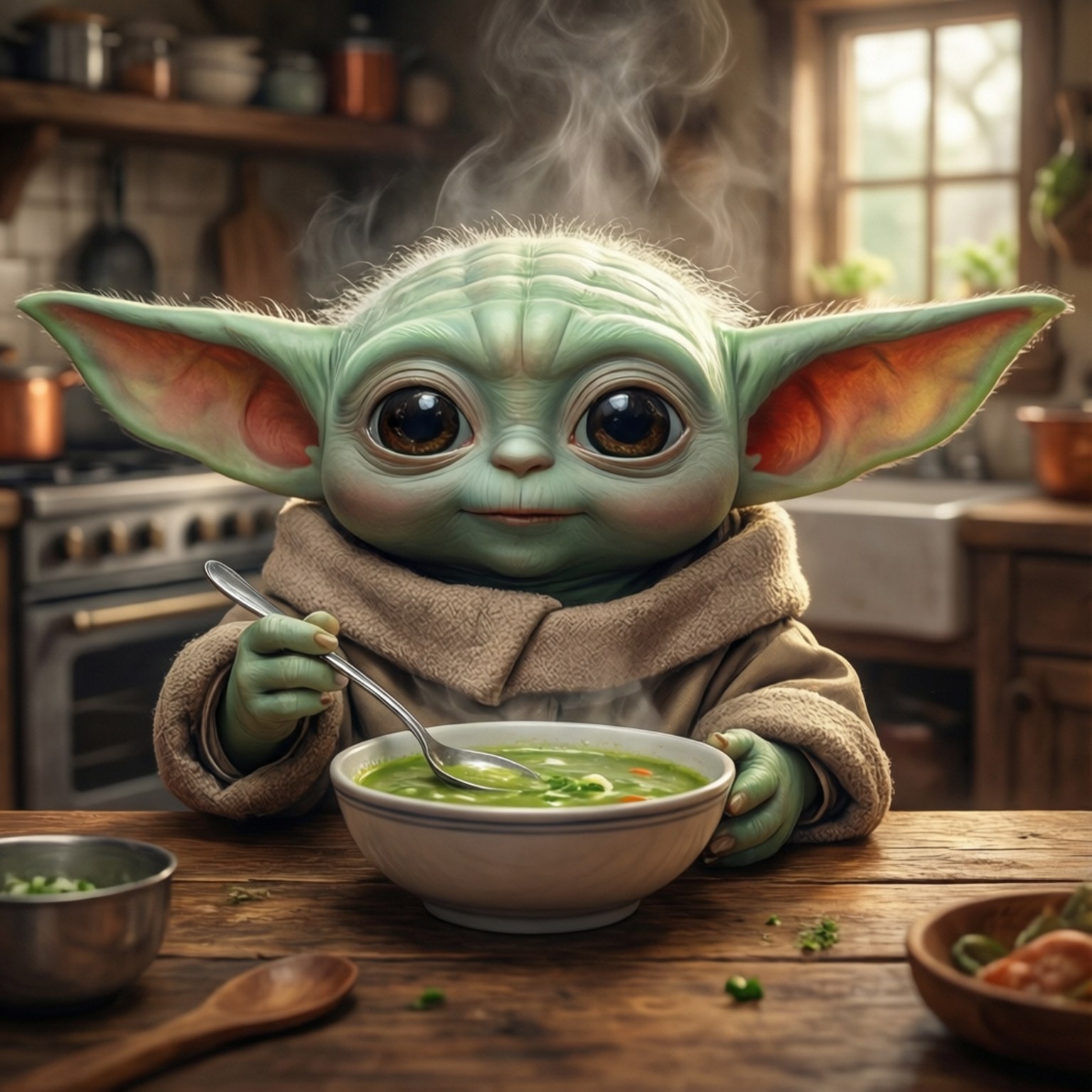Baby Yoda Sips Soup 壁紙 — 一個綠色皮膚、大耳朵的嬰兒尤達坐在鄉村廚房的木桌旁，高興地從白色碗裡吃著冒熱氣的綠色湯。