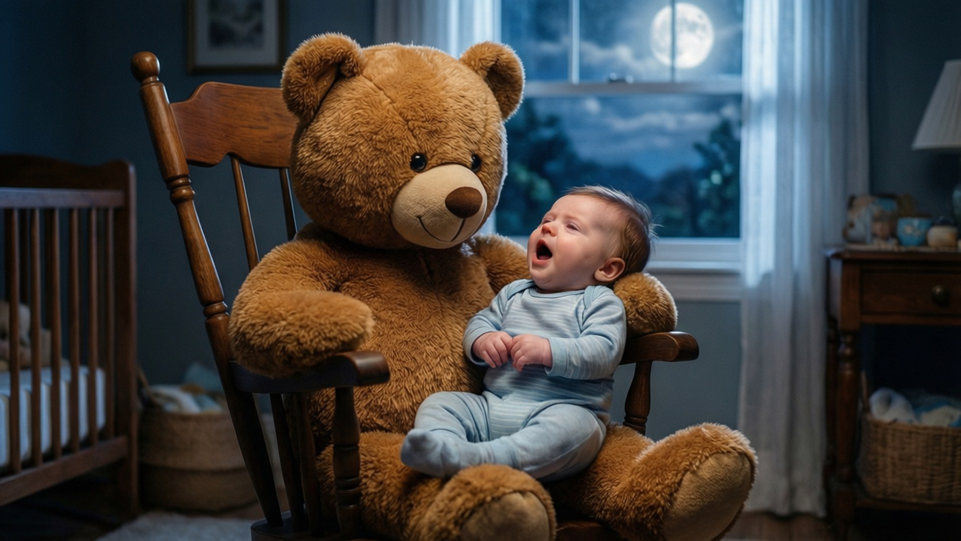 Lullaby for Charlie 壁紙 — 一個穿著藍色睡衣的嬰兒坐在木搖椅上的一隻巨大棕色泰迪熊上，在月光照亮的窗邊打哈欠。