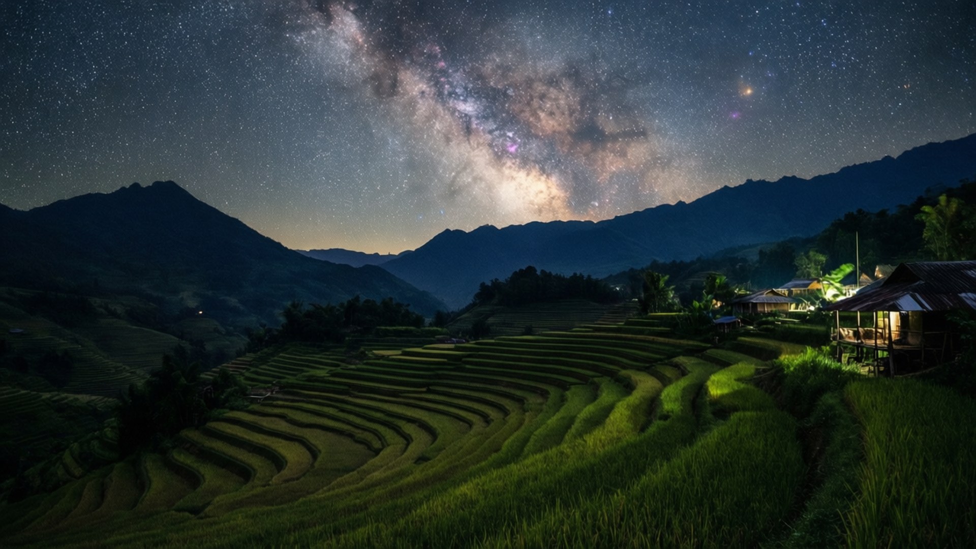Starry Night Over Banaue 壁紙 — 銀河拱橋在發光的梯田上空，襯托著山巒剪影和夜間亮燈的木屋。