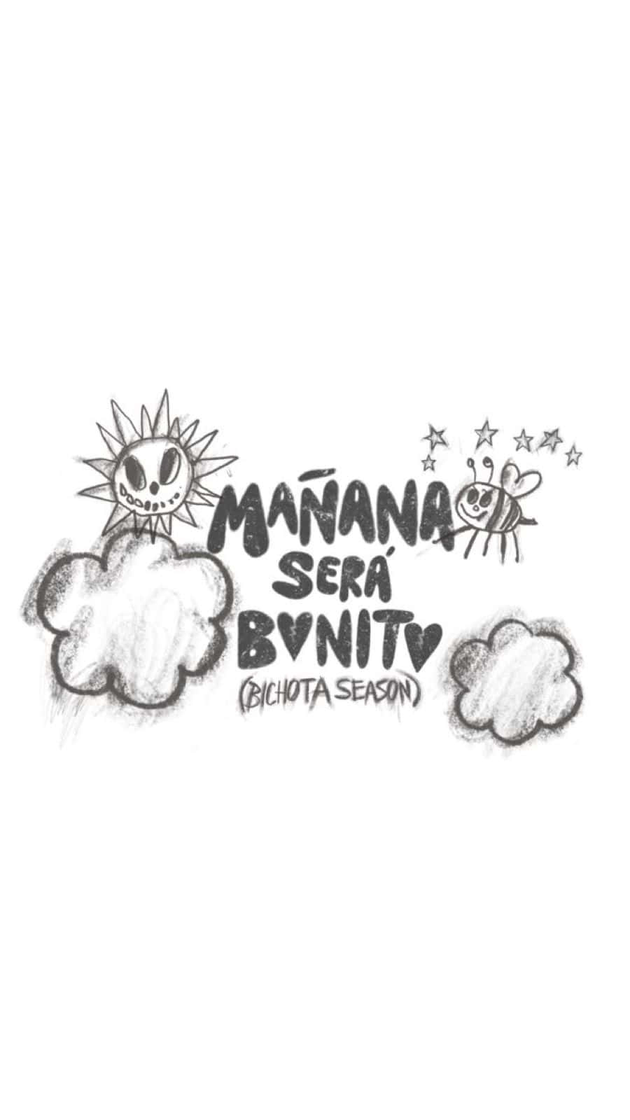  壁紙 — 一幅俏皮的黑白素描，描繪了微笑的太陽、嗡嗡作響的蜜蜂和星星，以及帶有雲朵背景的短語 mañana será bonito。