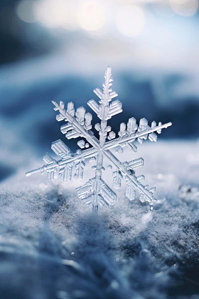  壁紙 — 一片精緻的雪花輕輕地落在雪地上，在柔和的藍光下，背景呈現模糊的散景效果。