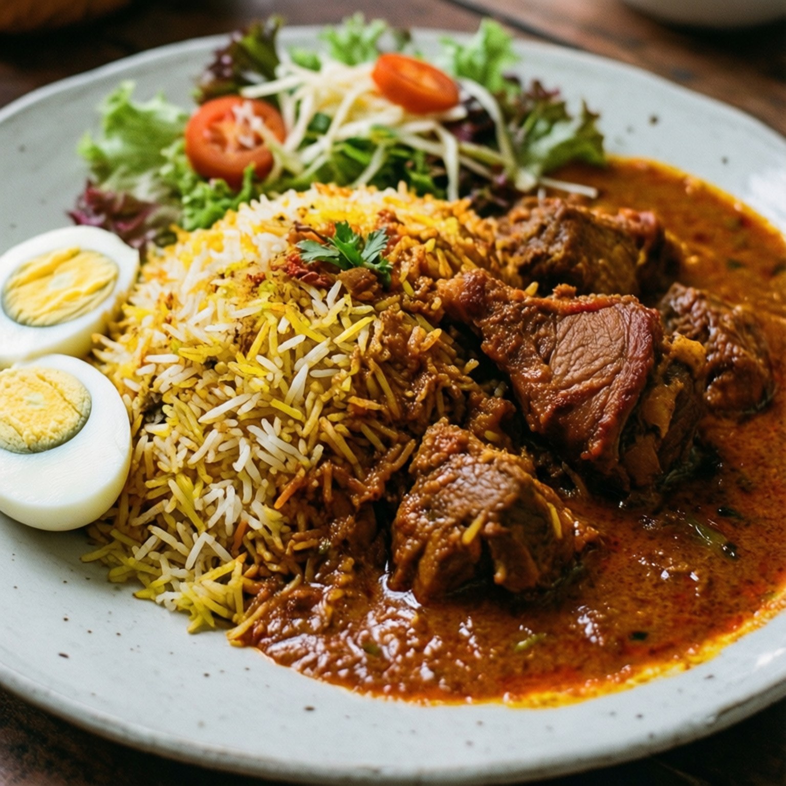 Biryani Delight 壁紙 — 一盤香料豐富的羊肉印度香飯，配黃米飯、番茄沙拉和半熟蛋。