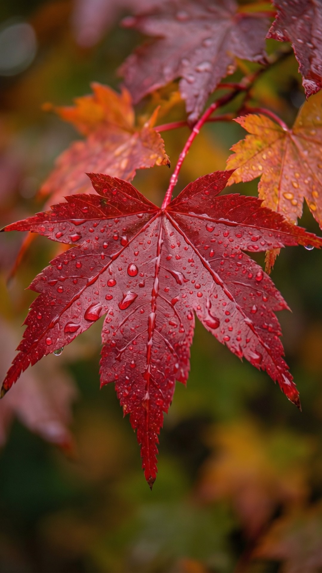 Vibrant Red Maple Leaf Macro 壁紙 — 一片鮮紅的楓葉在柔和模糊的秋日背景下閃爍著露珠。