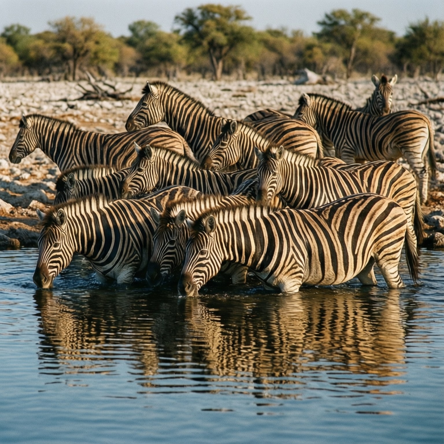 Zebra Waterhole 壁紙 — 一群斑馬在平靜的水坑飲水，周圍是乾燥的岩石地形和稀疏的樹木。