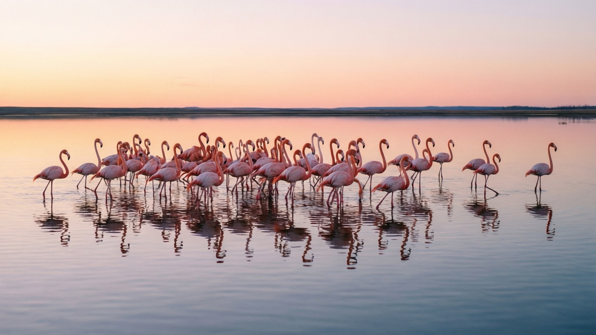 Flamingo Lake Sunrise 壁紙 — 一群粉紅色的火烈鳥優雅地站在淺水中，水面倒映著夕陽柔和的橙色和粉紅色調。