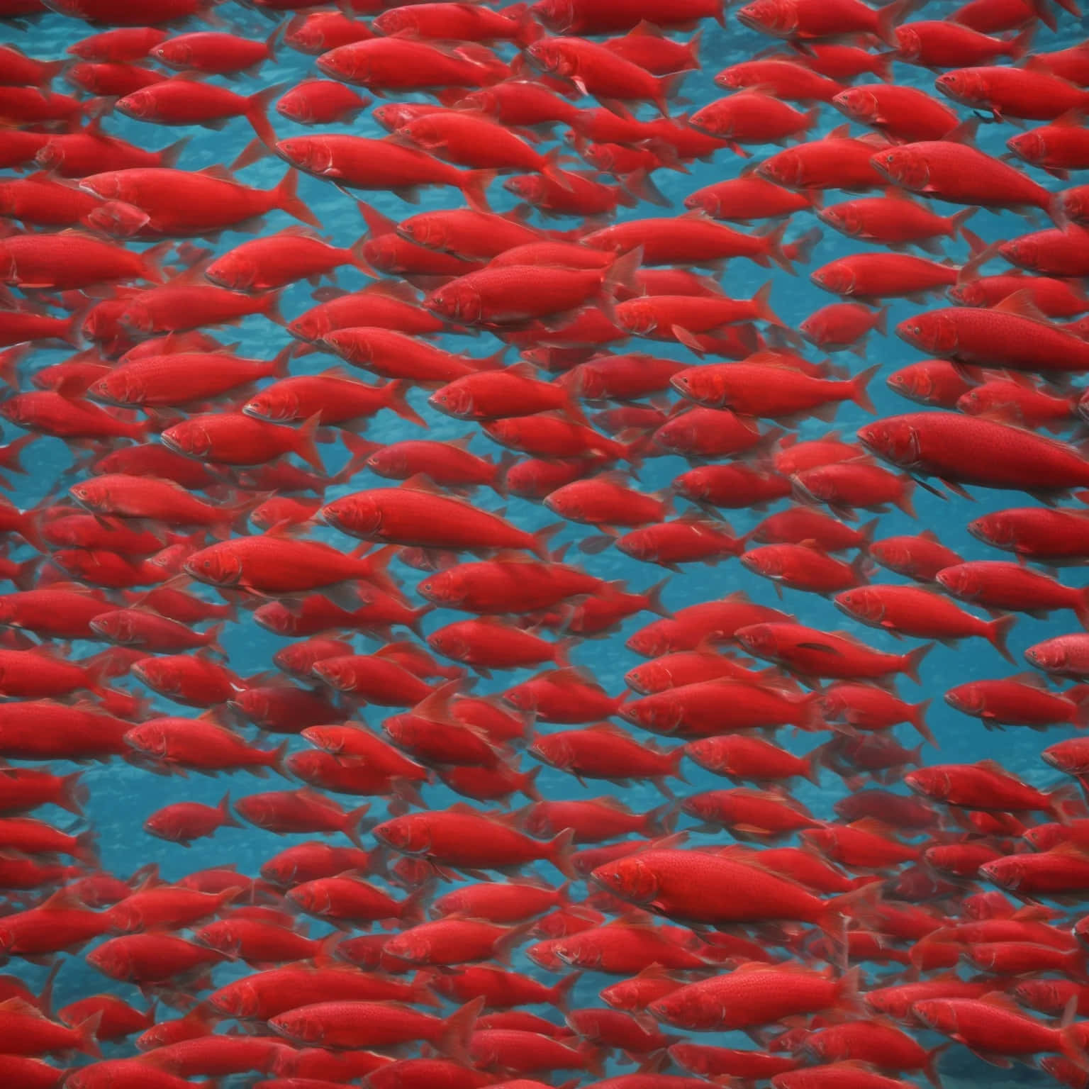  壁紙 — 一群密集的鮮紅色魚群整齊劃一地游過清澈的藍色海水，營造出動感的水下奇觀。